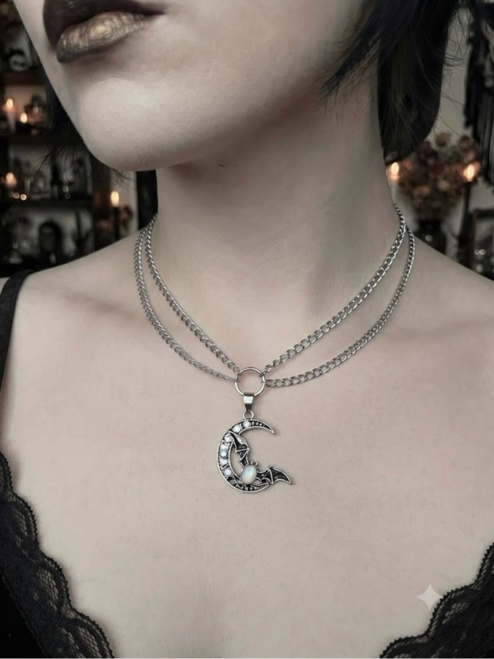 Hand Crafted Silver Moon & Bat Pendant Necklace - Picture 3 of 6